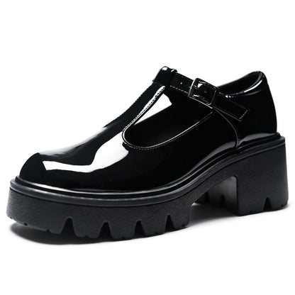 SHOOVA Black T-Strap Mary Jane Shoes for Women, Round Toe Block Heel Platform Patent Leather Dress Pumps