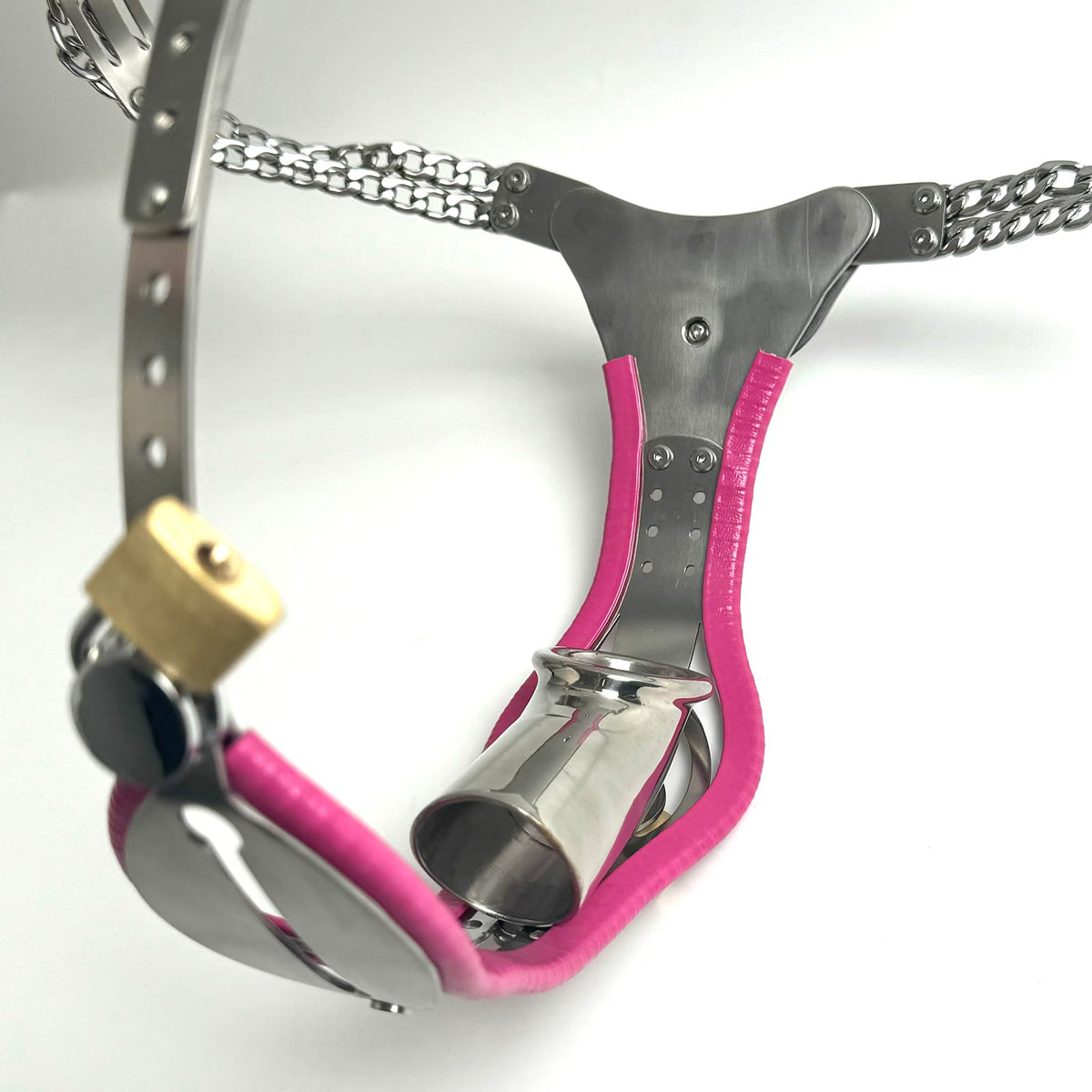 Male Adjustable Chastity Belt with Hole Push-Lock Design Removable Cage Dual Adjustable Waist and Crotch Stainless Steel Adult Sex Toy SM Invisible Underwear (Pink 87-122cm)