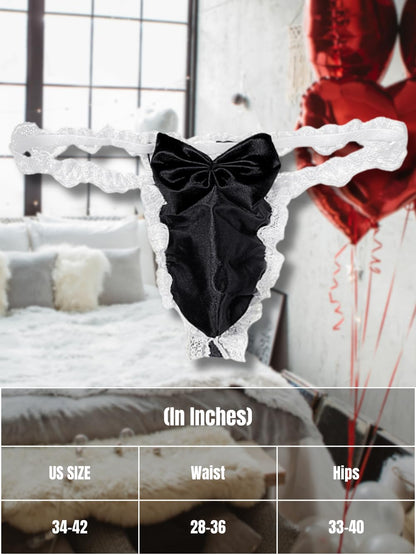 ChiaoLezhee Valentines Lingerie For Men, Satin Lace Sexy Underwear, Sissy Panties Femboy, Bow Girly Thong,Black
