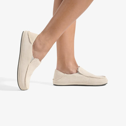 OLUKAI Nohea Slipper, Women's Slip-On Shoes, Genuine Shearling & Premium Nubuck Leather, Drop-in Heel Design, Cozy & Ultra-Soft Comfort Fit, Bone/Bone, 8