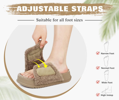 KuaiLu Cushion Slippers For Women with Orthopedic Arch Support Wide Adjustable Open Toe Platform Furry Fur Sandals Warm Teddy Fleece Recovery Slides Slip On House Shoes Indoor Outdoor, Beige US11