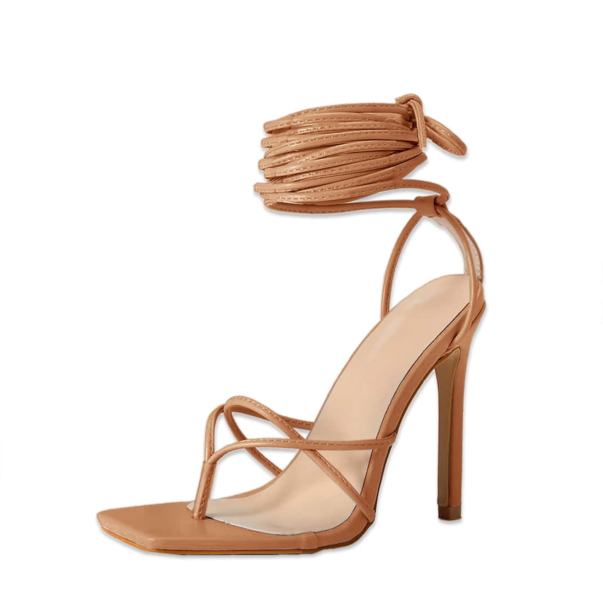 Women's Lace Up Heeled Sandals Square Flip Flop High Heels Strappy Party Shoes,Taupe,Size 7