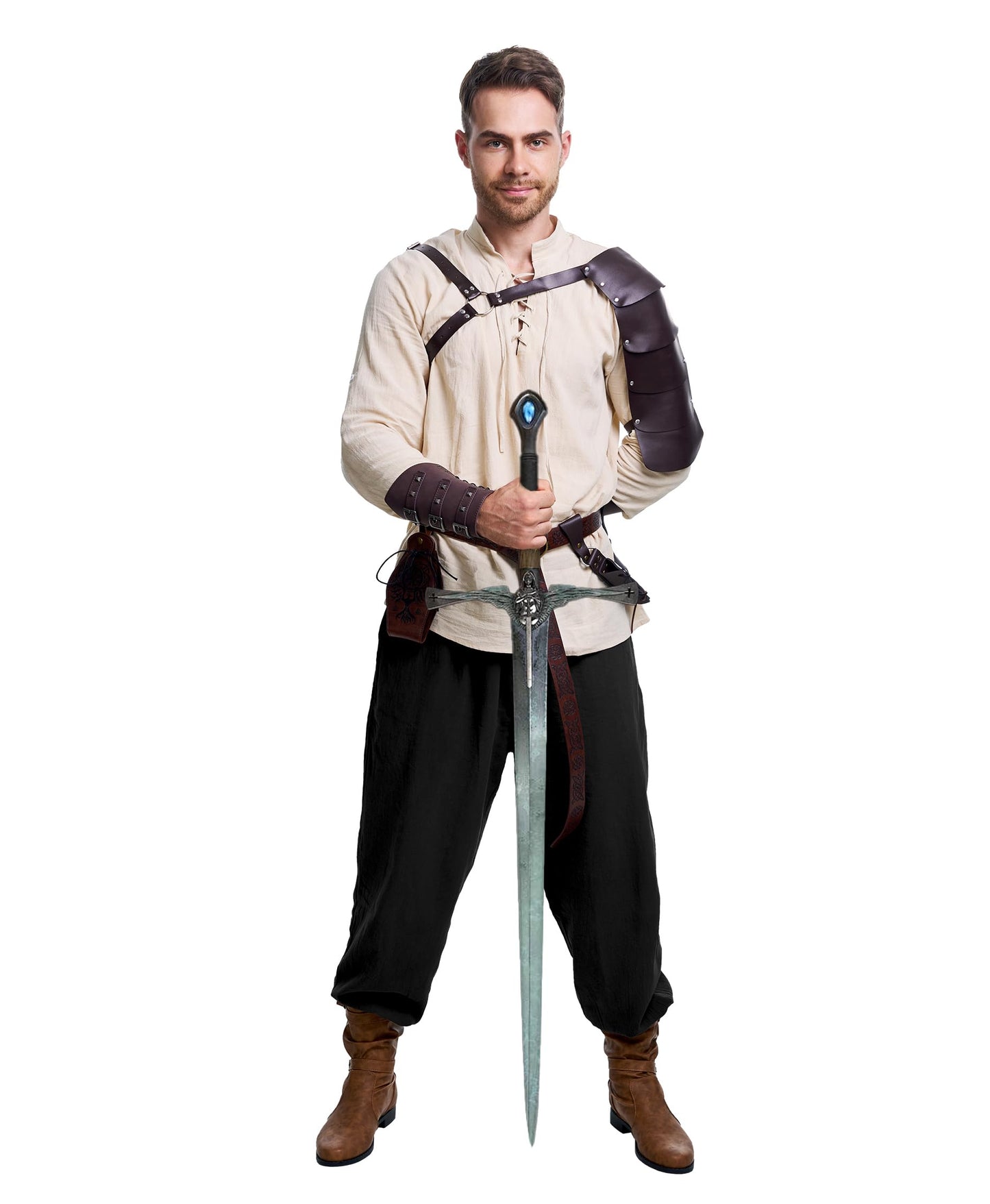 8 Pcs Men's Renaissance Costume Halloween Medieval Pirate Shirt Pant Viking Costume Accessories Set (Classic Color, Large)