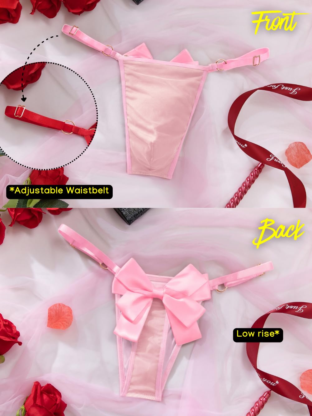 Mens Bow Thong For Anniversary, Couples Bedroom Sexy Underwear, Sheer Mesh Male Panties Pink
