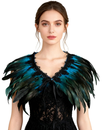 Women's Feather Collar Cape Shawl Gothic Witch Raven Peacock Costume, Blue