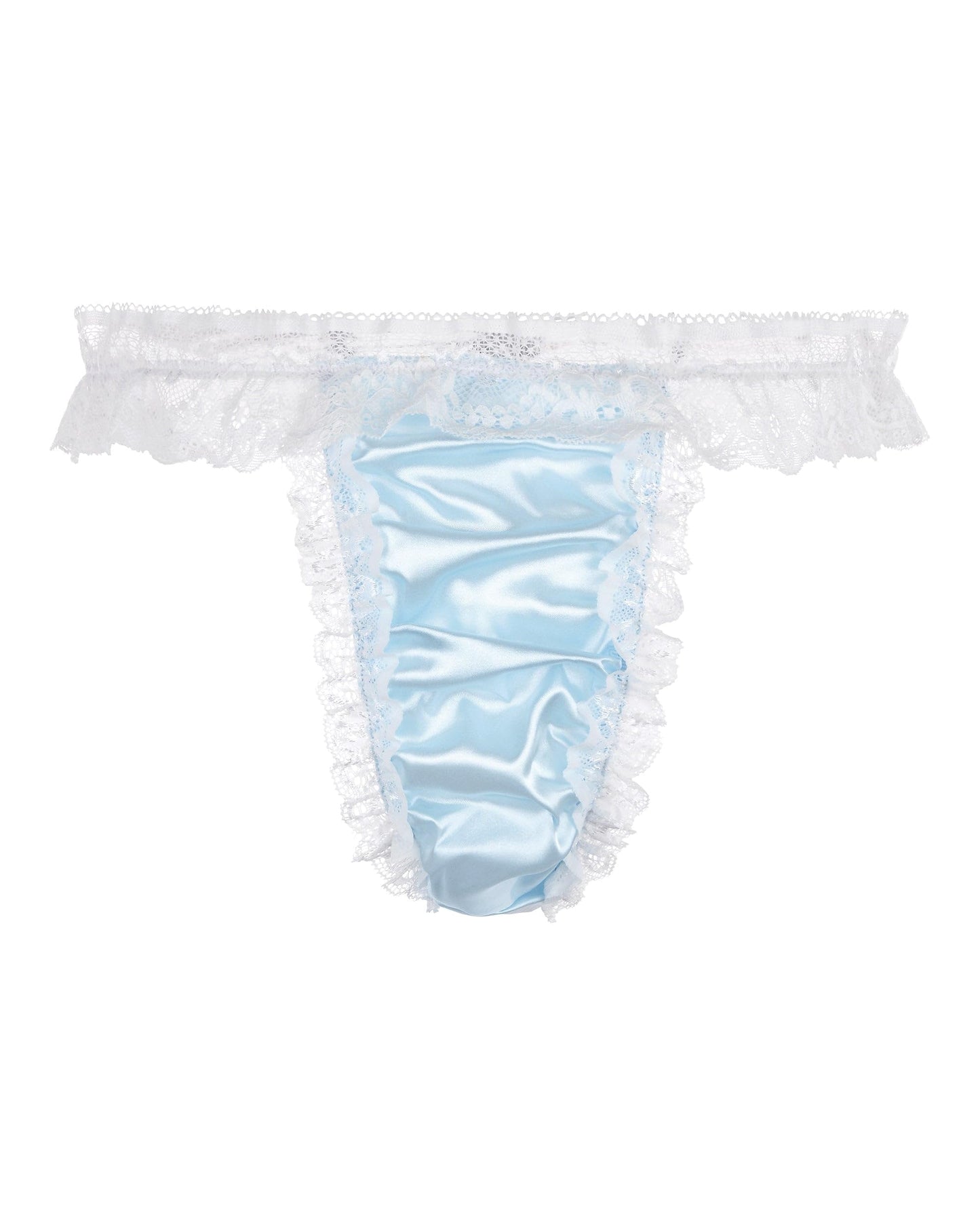 Satini Men's Satin Frilly Sissy Thong Tanga Knickers Briefs Panties (Baby Blue - White, XXL)