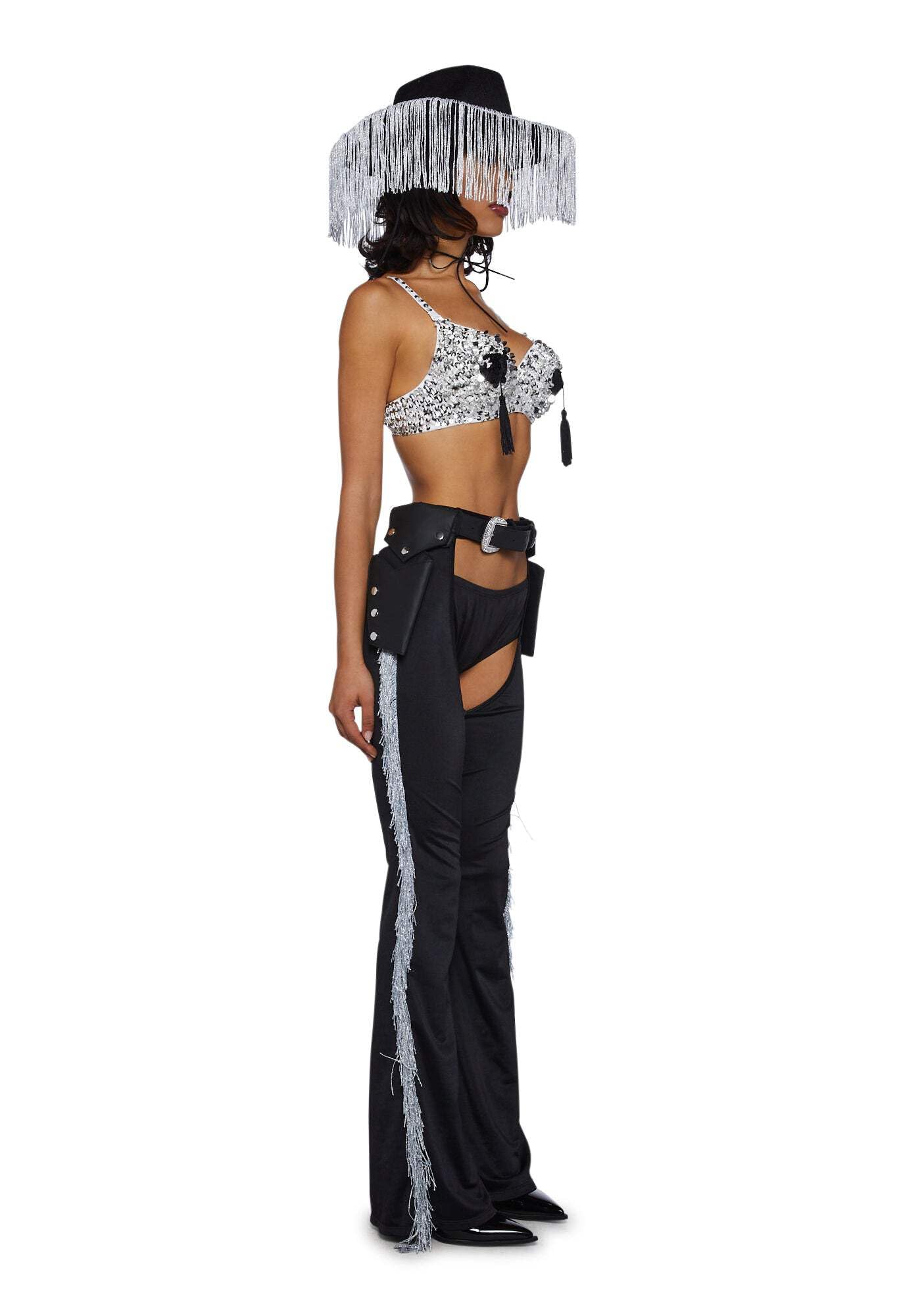 Dolls Kill Giddy Up Rhinestone Cowgirl Costume by Trickz N’ Treatz – Women’s Sequin Bra Top with Fringe Chaps & Hat, Black, Medium