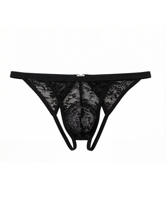 Men's Lace Underwear Open Back Sheer Sissy Pouch Panties Low Rise Sexy Femboy Lingerie Black