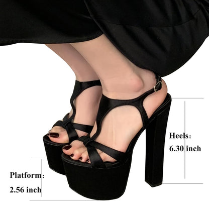 Black Strappy Heels for Women Sexy Open Toe Chunky Heels 6.3 Inch T-Strap Platform Heeld Sandals Party Prom Shoes (Black,7)