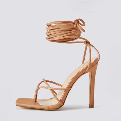 Women's Lace Up Heeled Sandals Square Flip Flop High Heels Strappy Party Shoes,Taupe,Size 7