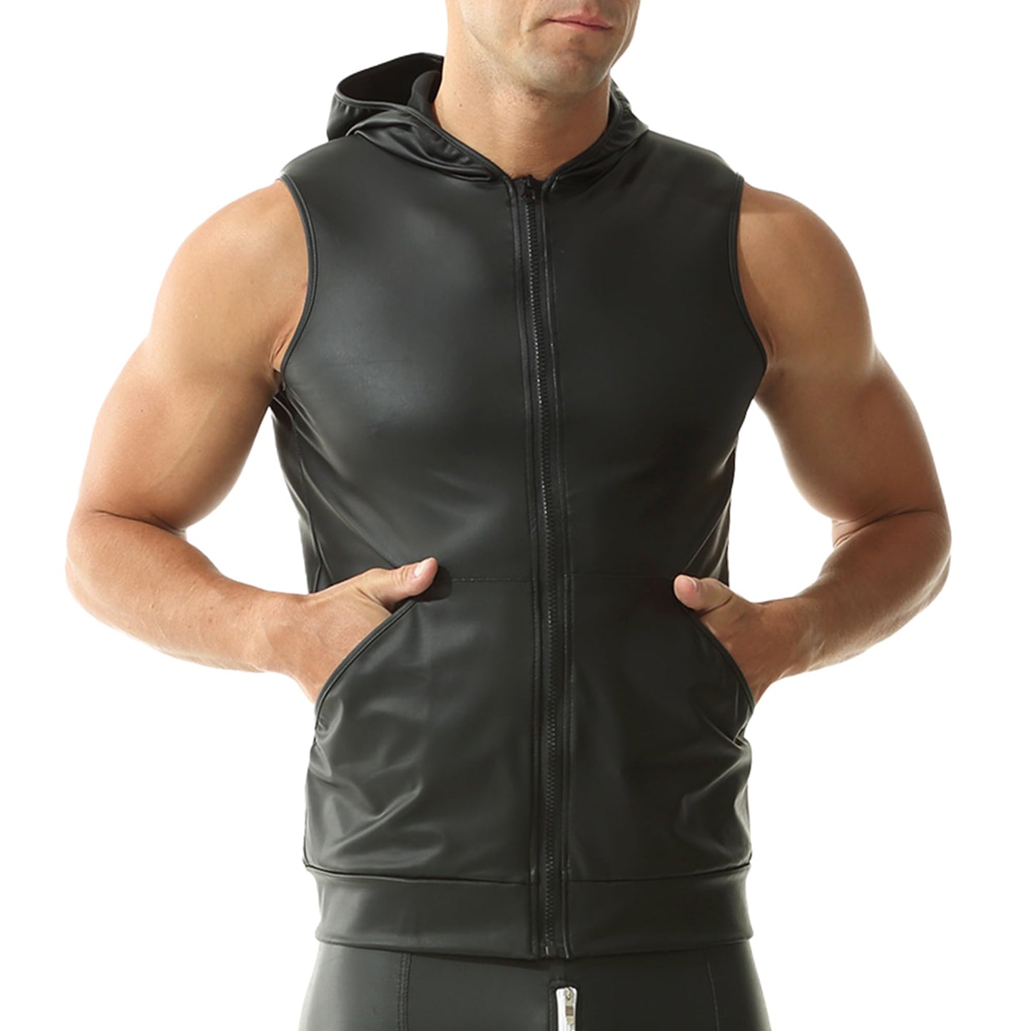 Men's PU Leather Sleeveless Vest Wet Look Undershirt with Zipper Closure Muscle Shirt for Motorcycle