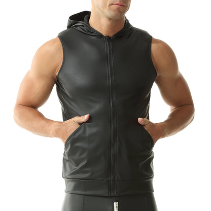 Men's PU Leather Sleeveless Vest Wet Look Undershirt with Zipper Closure Muscle Shirt for Motorcycle