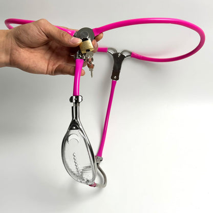 Female Chastity Belt Stainless Steel Transparent Visual Invisible Underwear Belt Lockable Pants with Defecation Hole BDSM (Pink 60-90cm)