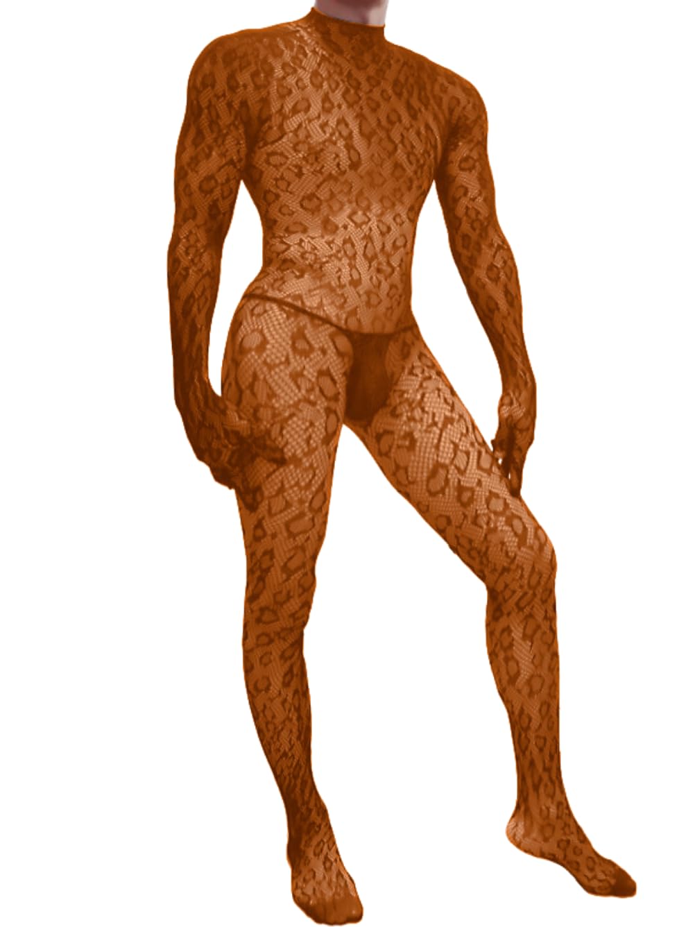 Rave Outfits For Men, Festival Party Clubwear, Leopard One Piece Full Lace Jumpsuit, Sexy Lingerie Costume Bodysuit One Size Brown