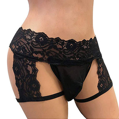 Slybar Mens Lace Panties Sexy Underwear Boxer Briefs Pouch Underwear Lingerie for Men Bikini Briefs Sissy Pouch Crossdress Panties (Medium) Black
