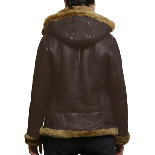 TRESSANO Women's Hooded Leather Jacket - Faux Fur Shearling Aviator Pilot Bomber Genuine Sheepskin Leather Jackets for Women (US, Alpha, Medium, Regular, Regular, Brown)