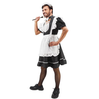 Men's French Maid Cosplay Costume Dress Suit, Big Hemline Flared Outfit, Funny Stage Performance Cosplay Set