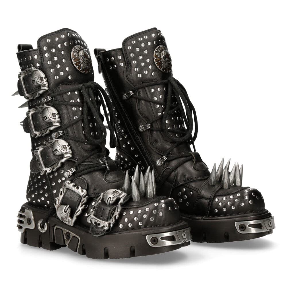 New Rock Boots 1535-S1 Mens Metallic Black Leather Goth Studded Spike Boot 9.5