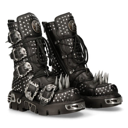 New Rock Boots 1535-S1 Mens Metallic Black Leather Goth Studded Spike Boot 9.5
