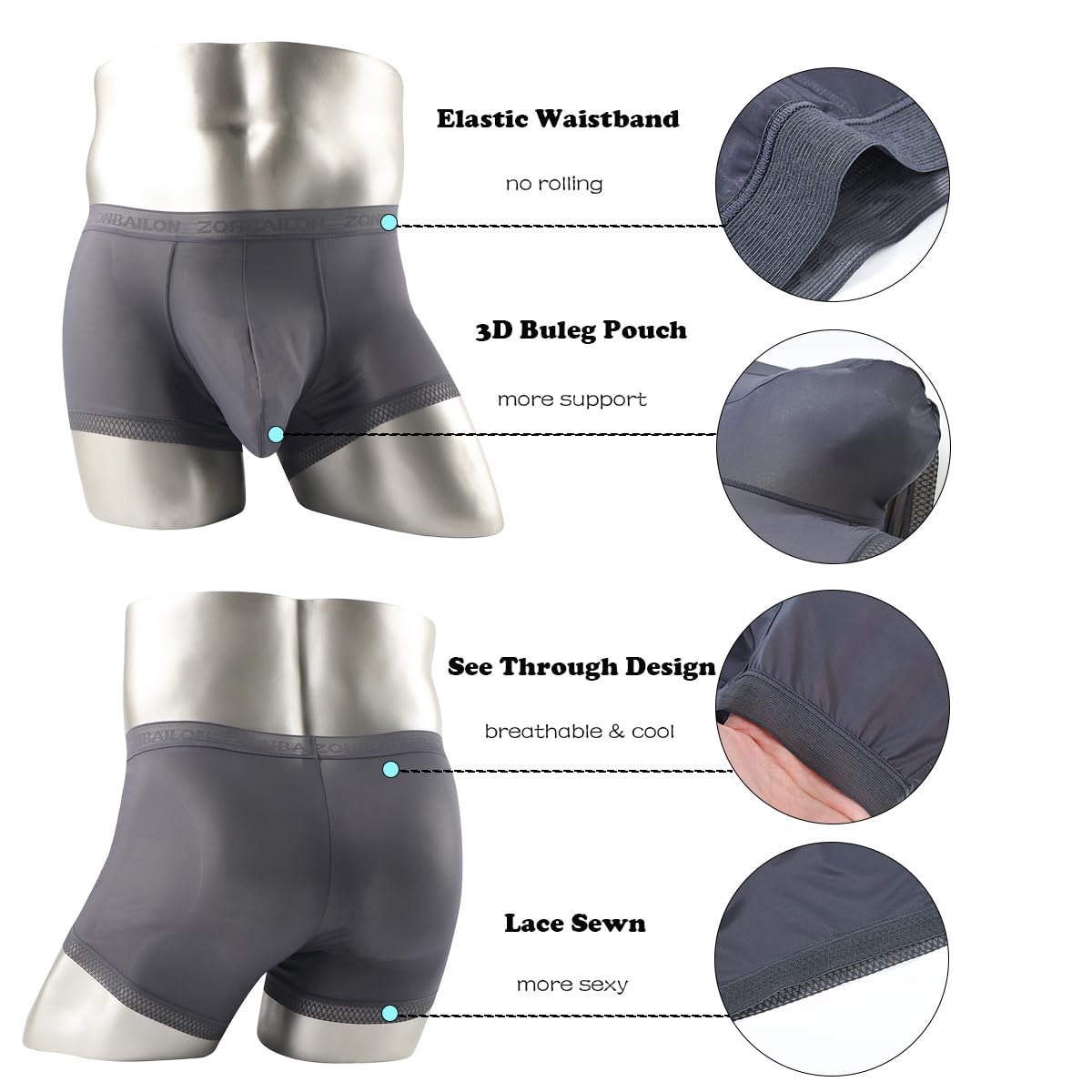 ZONBAILON 3 Pack Sexy Underwear for Men Ice Silk See Through Thin Breathable Trunks 3XL
