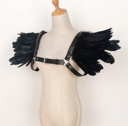 Men Vintage Natural Real Feather Epaulet Shrug Leather Belt Shoulder Strap for Halloween Costume, Belt Black