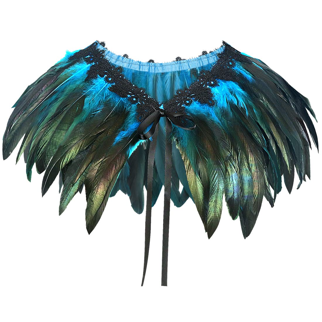 Women's Feather Collar Cape Shawl Gothic Witch Raven Peacock Costume, Blue