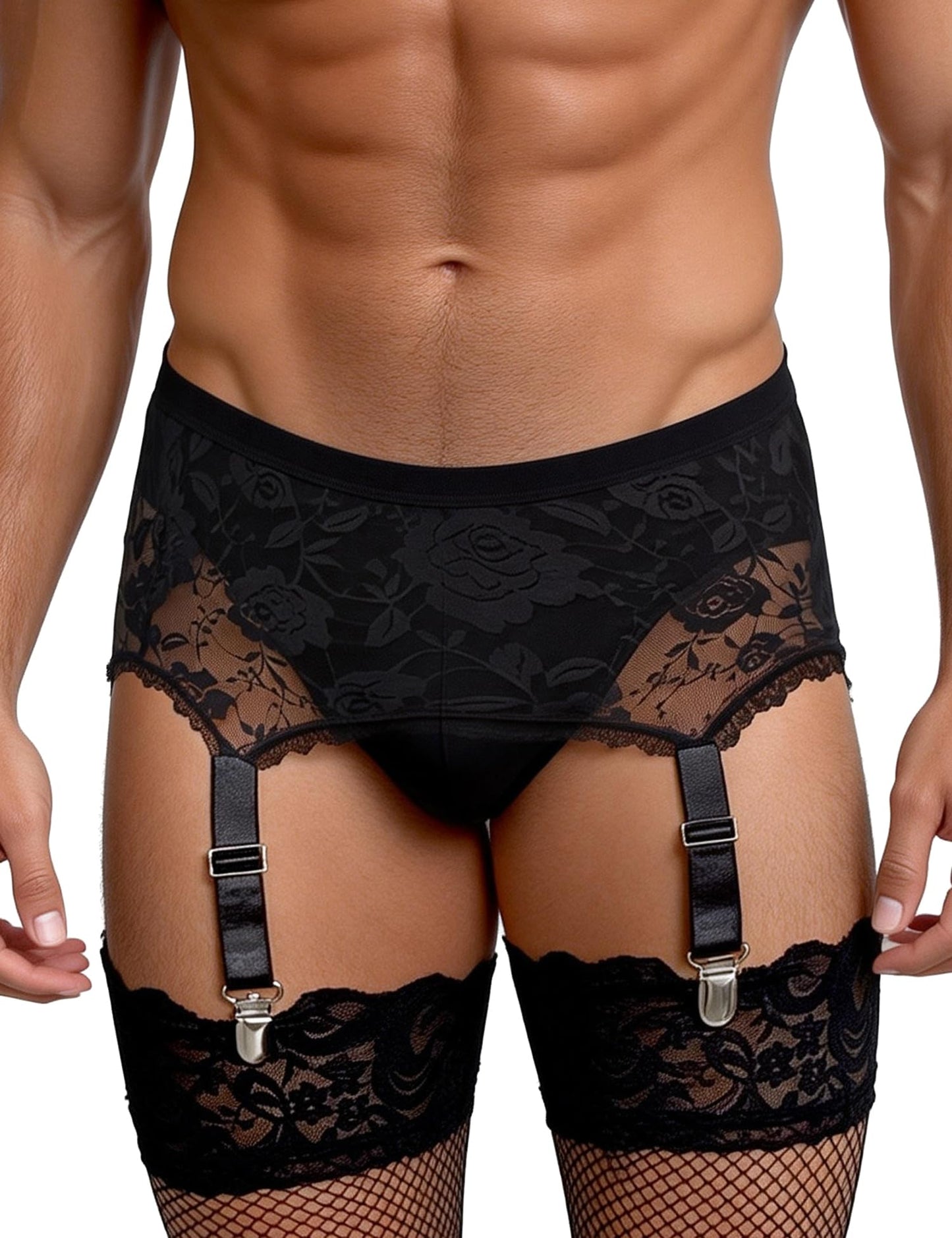 Men's 6-Strap High-Waist Black Lace Garter Belt with Metal Clamps Adjustable Suspenders Garter Belts for Thigh Highs, M