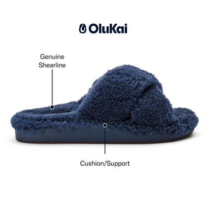 OLUKAI Hila Heu Women's Slipper, Women's Slip-On Shoes, Genuine Shearling, Wet Grip Soles for Inside & Outside Wear, Cute & Ultra-Soft Comfort Fit, Moonlit Ocean/Moonlit Ocean, 8