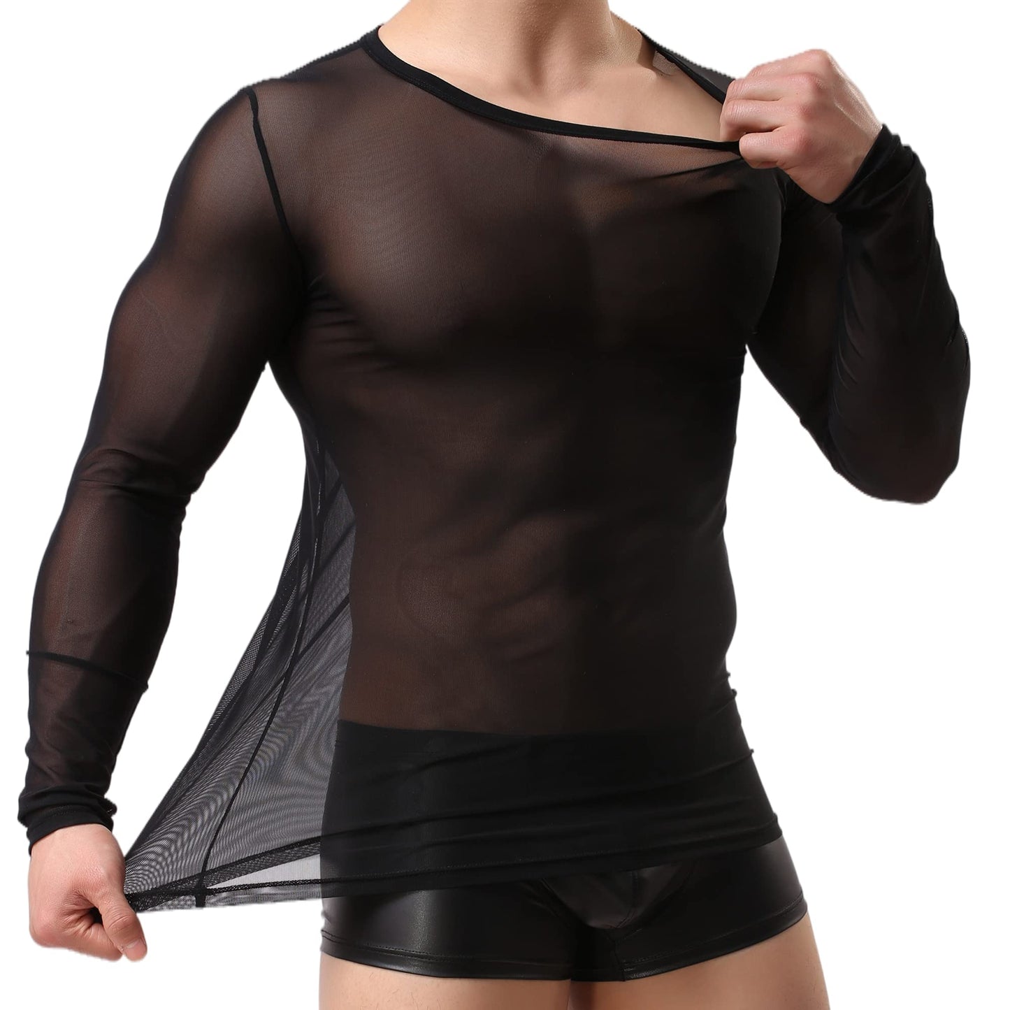 Crongless Men's Sexy Tank Top, Mesh Long Sleeves Transparent T-Shirt See Through Vest (Black, XL=Usually L)