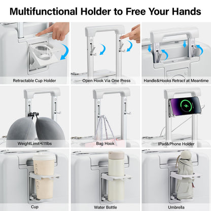 Hanke 28 Inch Luggage with Cup Holder and Charge,Top Opening Hard Shell Suitcases with Wheels and Dividers,Aluminum Frame Trunk Luggage Extra Large Suitcase with Lock for Travel,Smoke White