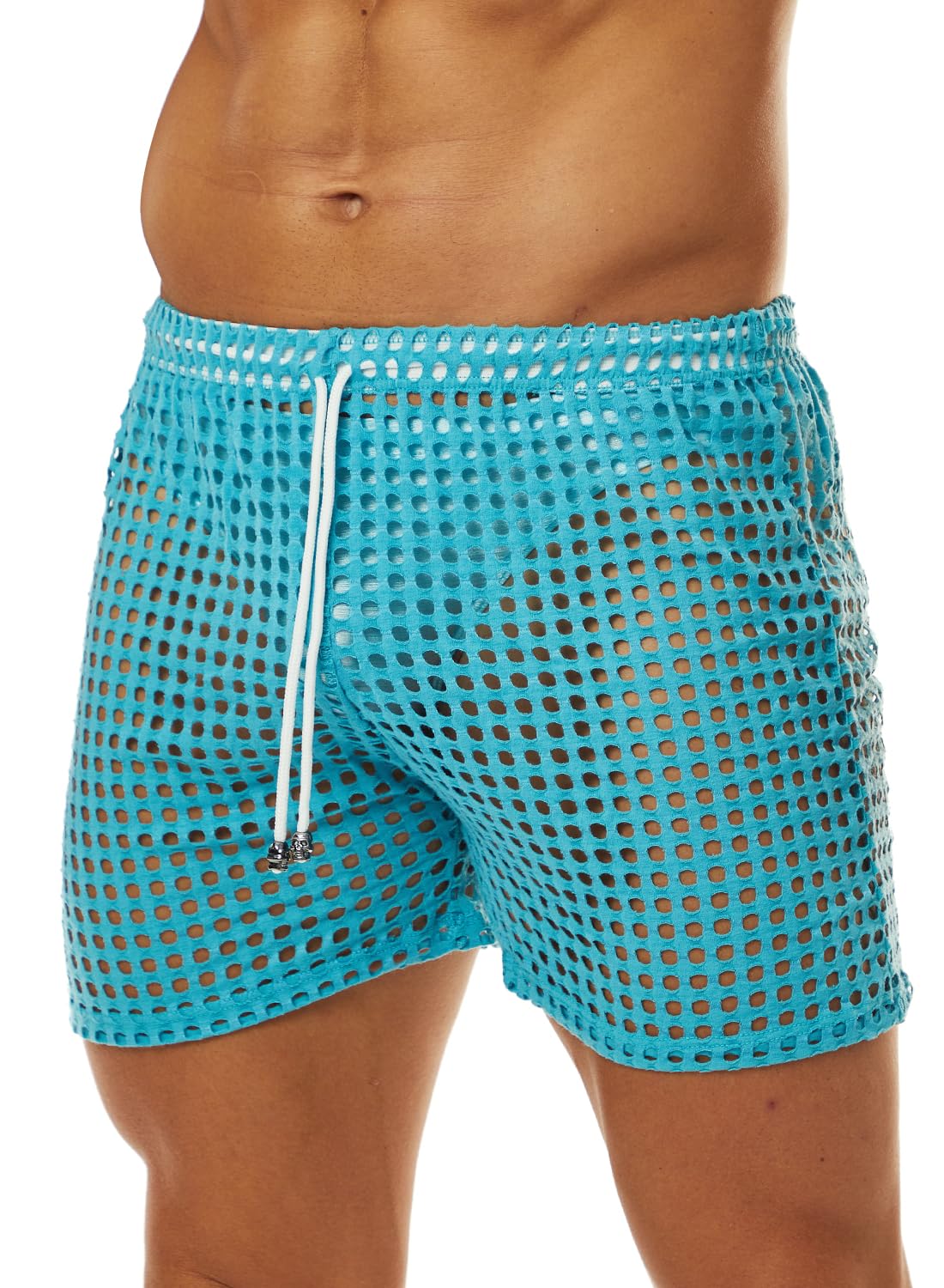 MIZOK Men's Hollow Openwork Short Sexy Fishnet See Through Boxer Shorts Lounge Swim Cover Blue L