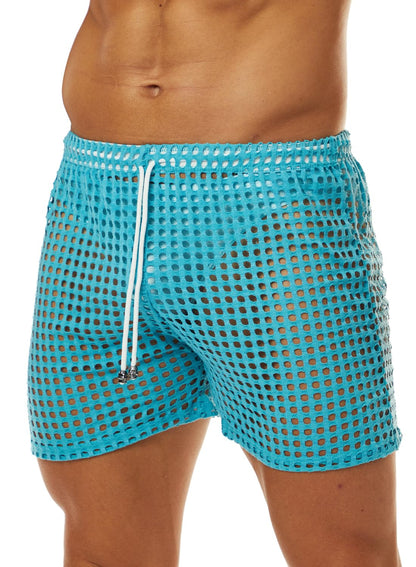 MIZOK Men's Hollow Openwork Short Sexy Fishnet See Through Boxer Shorts Lounge Swim Cover Blue L