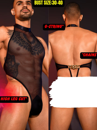 EHSUYAB Men Sexy Lingerie, Snap Crotch High Cut Fishnet Bodysuit, Sheer Mesh Sissy Clothes Gay Club, Party Dance Rave Outfits Black One Size