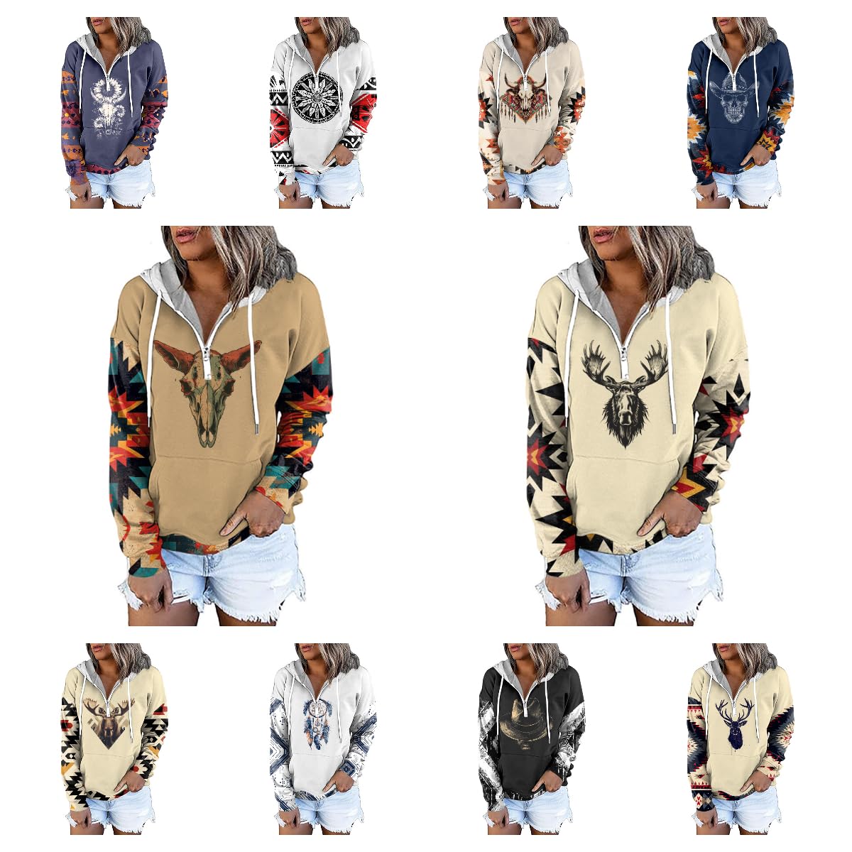 Ethnic Print Women Sweatshirts - Moose Graphic Western Cowboy Pattern - Outfits Hoodies