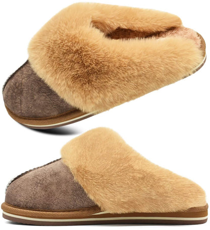 KuaiLu Womens Cozy Memory Foam Slippers Ladies Fuzzy Faux Fur Lined Warm Arch Support House Shoes Slip on Comfy Winter Scuff Indoor Outdoor Rubber Hard Sole Orthotic Plush Bedroom Brown Size 8