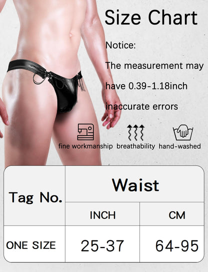 Mens Thongs Faux Leather Underwear Side Drawstring G-String Briefs Sexy Low Rise Jockstrap Bikini Briefs Bulge Pouch Underwear for Men Black