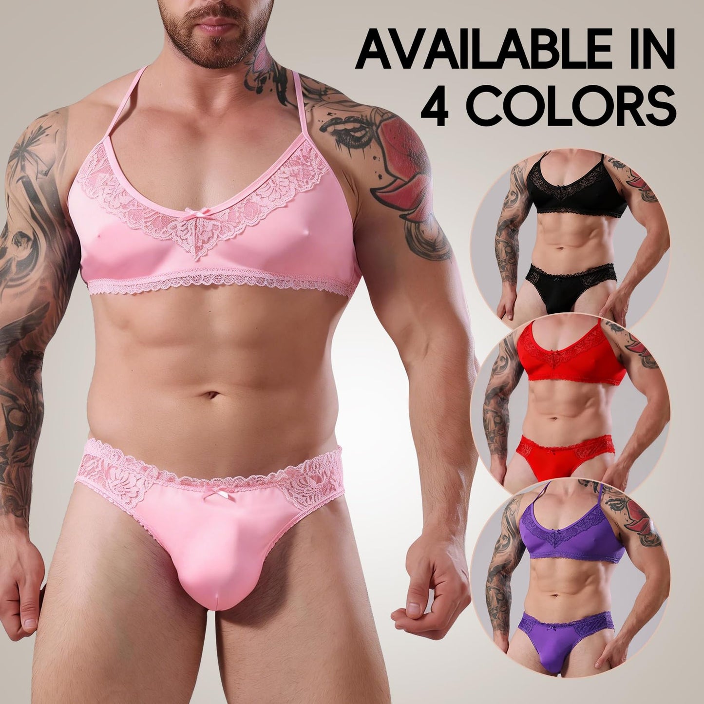 Amorgours Men’s Sissy Lingerie Set Lace Sissy Bra and Thong Underwear Floral Crossdressing Nightwear Gay Brief -Pink-L
