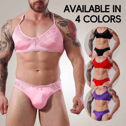 Amorgours Men’s Sissy Lingerie Set Lace Sissy Bra and Thong Underwear Floral Crossdressing Nightwear Gay Brief -Pink-L