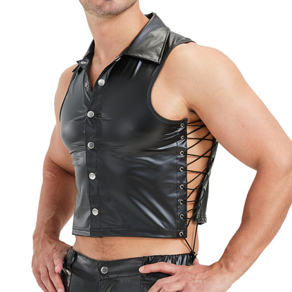 YUFEIDA Men's Faux Leather Undershirts Button Laceup Sleeveless Tank Tops Muscle Fit Waistcoat Tops Fashion Undershirts