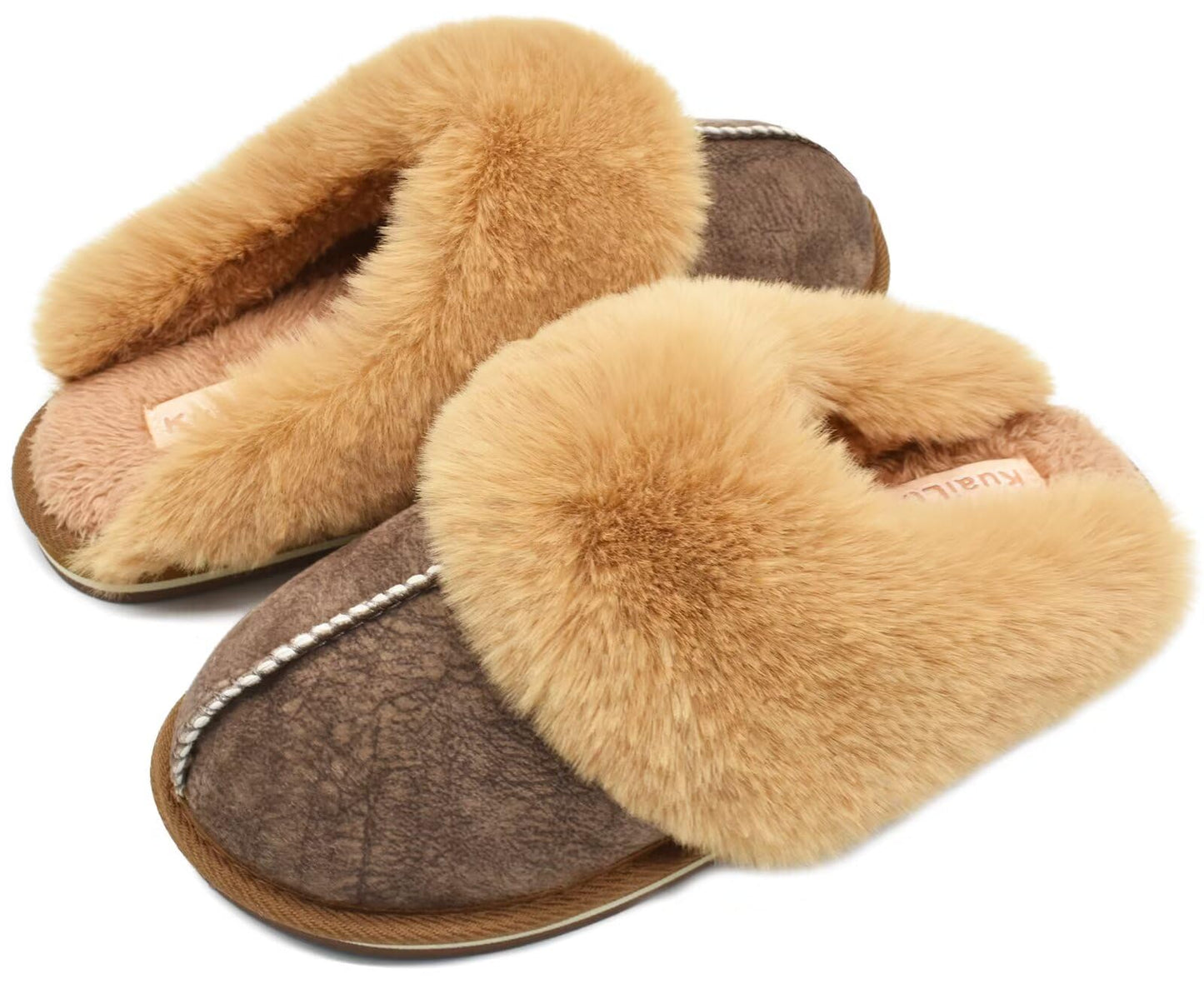 KuaiLu Womens Cozy Memory Foam Slippers Ladies Fuzzy Faux Fur Lined Warm Arch Support House Shoes Slip on Comfy Winter Scuff Indoor Outdoor Rubber Hard Sole Orthotic Plush Bedroom Brown Size 8