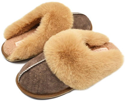 KuaiLu Womens Cozy Memory Foam Slippers Ladies Fuzzy Faux Fur Lined Warm Arch Support House Shoes Slip on Comfy Winter Scuff Indoor Outdoor Rubber Hard Sole Orthotic Plush Bedroom Brown Size 8