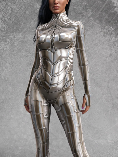Silver Armor Print Bodysuit for Women Full Body Metallic Sci-Fi Jumpsuit Long Sleeve Stretch Cosplay Costume (HX116, XL)