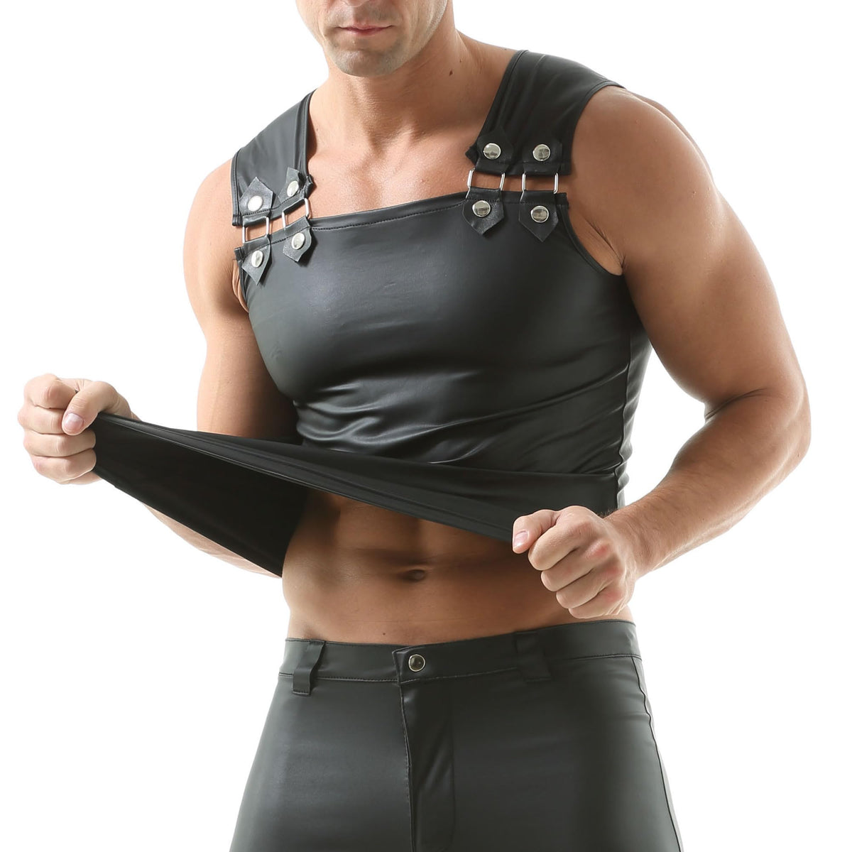 Men's Faux Leather Vest Sleeveless Undershirt Wet Look Tank Top Shirt Clubwear Black