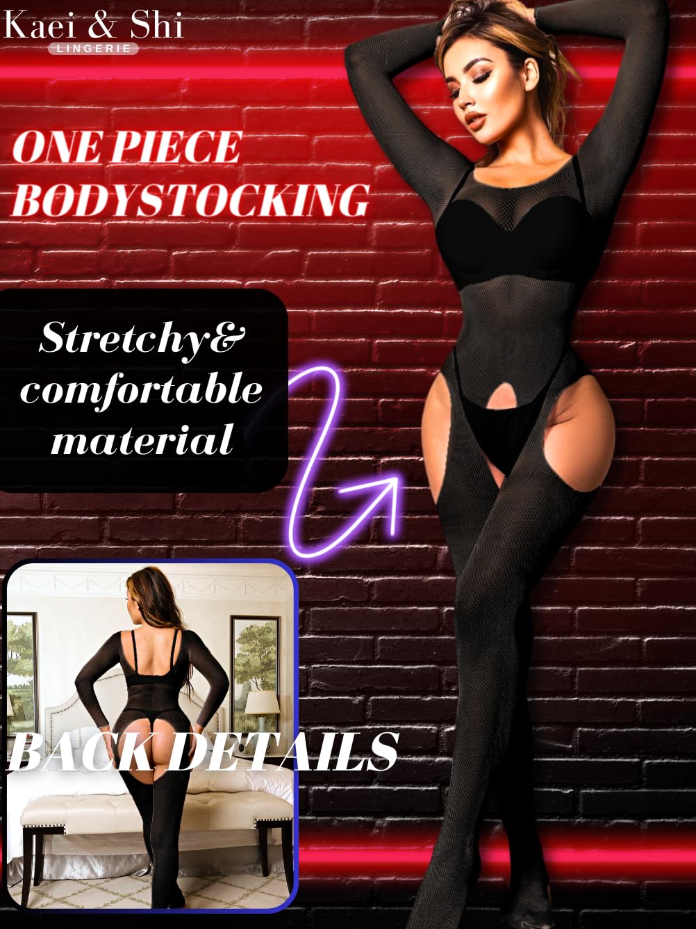 Kaei&Shi Fishnet Bodysuit For Women Fit 0-18, Sexy Long Sleeve Bodystocking, Plus Size Exotic Sheer Lingerie Glow Rave Outfit,Black