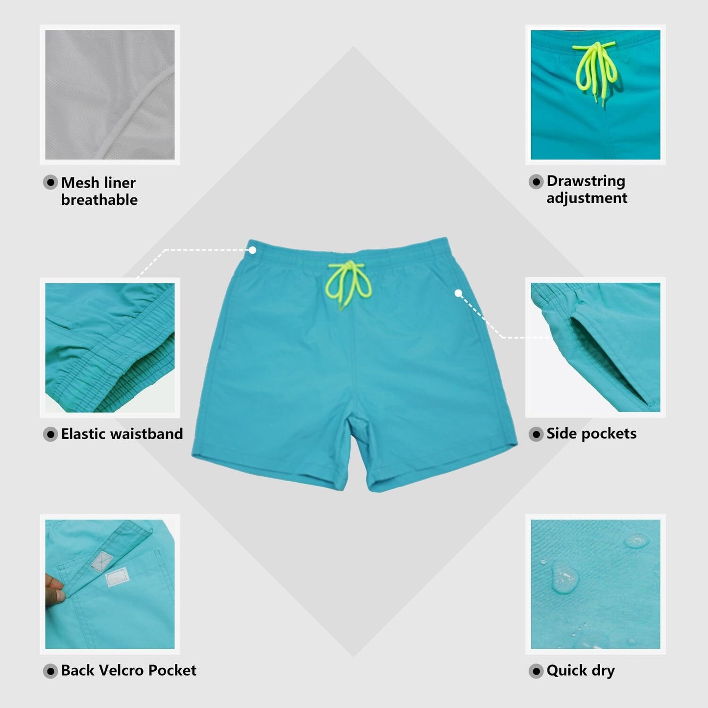SILKWORLD Men's Swimming Surf Beach Shorts Mesh Liner(US L, Green)