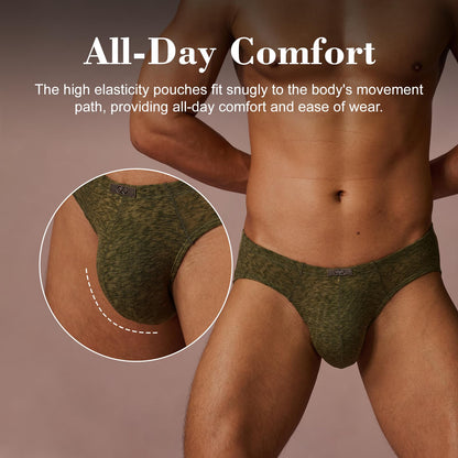 BSZN Men's Mottled Briefs, Green Mesh Underwear, Ruched Back Waistband Mid Rise Tight Fit, Midnight Visitor Collection with Custom Metal Tag