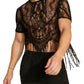 SHENHE Men's Sheer Floral Lace Fringe Short Sleeve Crewneck Cropped Tee Party Shirt Top Black Medium