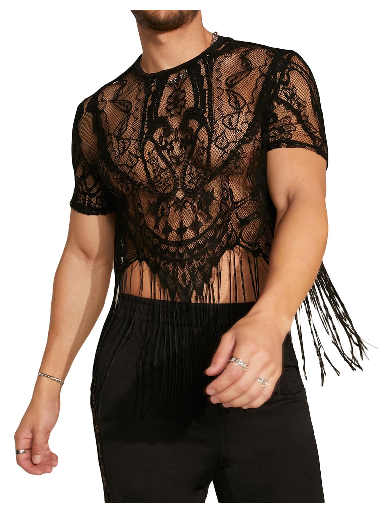 SHENHE Men's Sheer Floral Lace Fringe Short Sleeve Crewneck Cropped Tee Party Shirt Top Black Medium