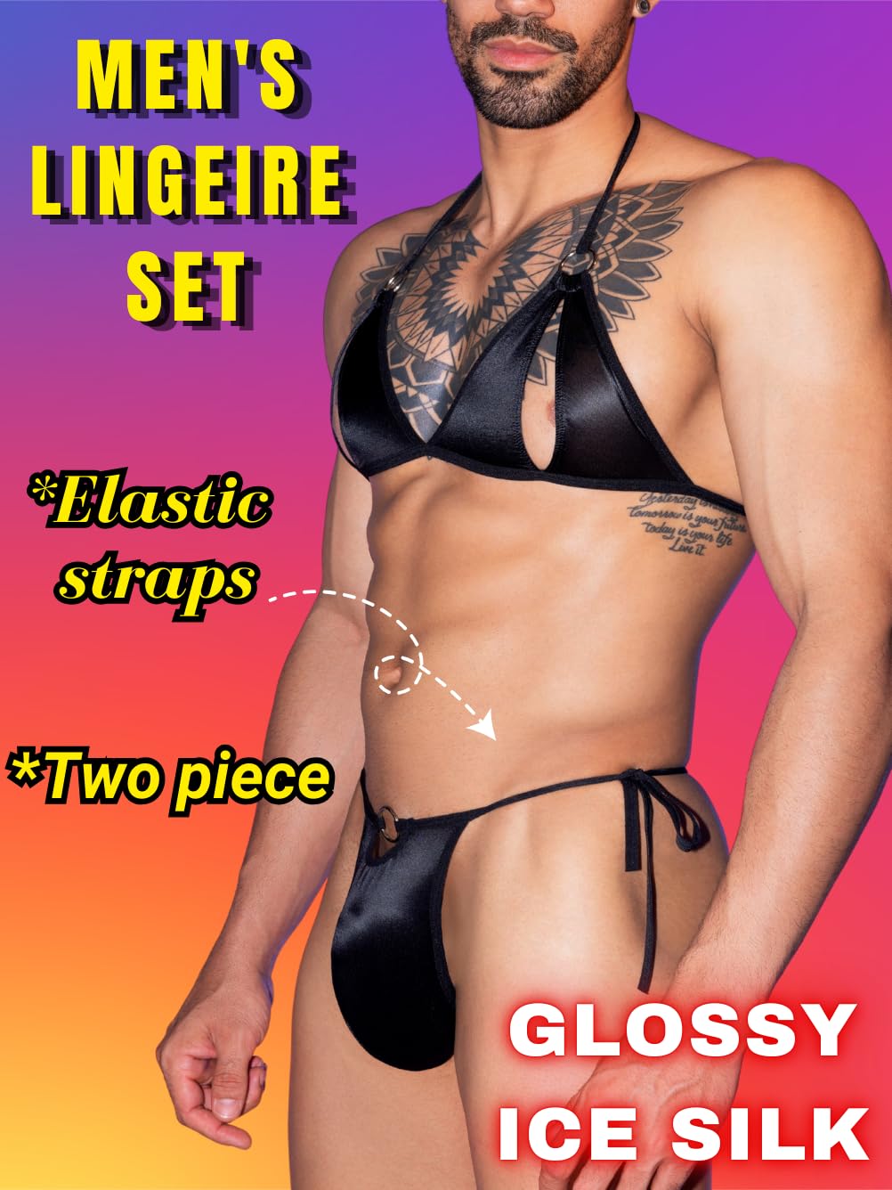 ChiaoLezhee Lingerie Set For Men, Sexy Bra And Panty, Mens Sissy Clothes, Thong Bikini Underwear G String Exotic Man Gay, Black