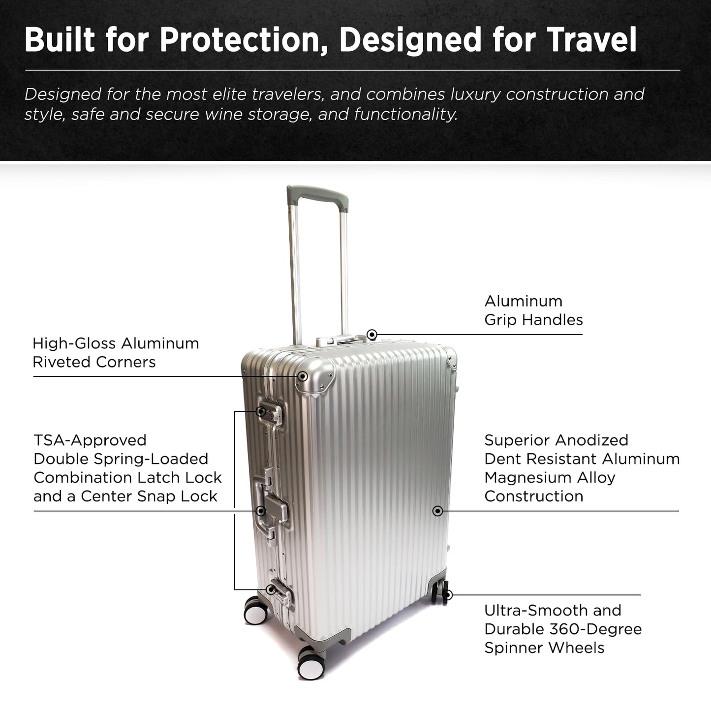 VinGardeValise® VinAluminum Wine Travel Suitcase - 12-Bottle Aluminum Luggage with TSA Lock, Shockproof Foam Inserts, Spinner Wheels, Hard Shell, Airline Approved